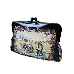 50s Vintage Walborg Woven Tapestry Clutch Handbag French Country Farm Scene